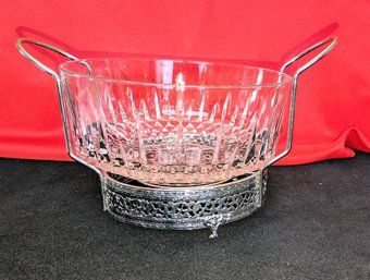 Vintage Arcoroc France Cut Crystal Serving Bowl With Silver Plate Ornate Design Stand