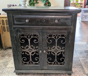 Vintage Wood & Iron Scrolled Design Double Door Cabinet With Drawer