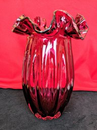 Vintage Art Glass Hand Blown Purple Fluted Ruffle Top Vase