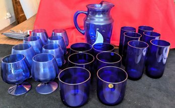Vintage Cobalt Blue Glass & Pitcher Set Total Of (21) Pieces