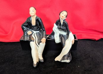 Vintage MCM Pair Of Asian Wilson Pottery Shelf Sitter Statues