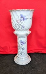 Flower Pot On Matching Pedestal With Floral Design & Gold Trim