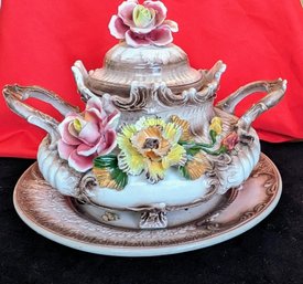 Vintage Large Capodimonte Porcelain Tureen Bowl & Plate - Made In Italy - Stamped On Bottom