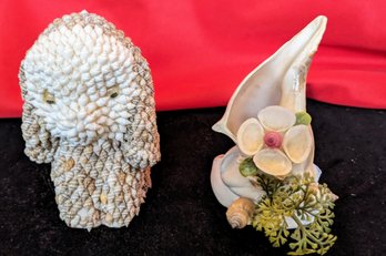 Pair Of Shell Dogs And Conch Shell With Shell Flower And Artificial Greenery Accent (3 Items In Total)