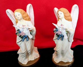Pair Of 2  Angel With Doves Statues
