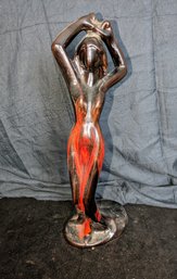 Canuck Pottery Evangeline Ware 1960's Orange & Black Glazed Woman Dancing Statue