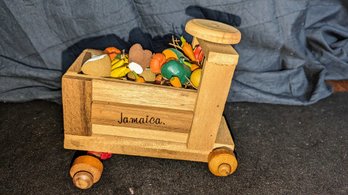 Hand Made Wood Jamaican Wood Cart Filled With Wood Fruit