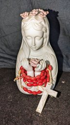 Virgin Mary Statue With Red Rosary Beads