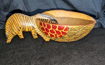 Hand Carved African Wooden Bowl With Zebra