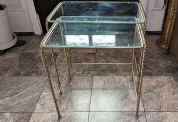 Set Of 2 - Vintage Brass Rope Detail & Glass Nesting Tables