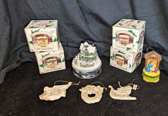 Lot Of 9 Various Christmas Items Which Include  The 'Thomas Kinkade Warm Holiday Illuminated Music Box'