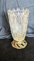 Vintage French Cut Crystal And Ornate Brass Detailed  Bottom Vase