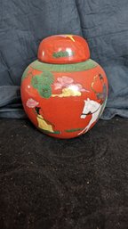 Vintage Hand Painted  Retro Burnt Orange/Red Porcelain Ginger Jar Pot With Lid