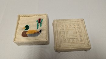 Set Of 6 Vintage Hand Knotted Needlepoint Duck Coaster With Storage Box