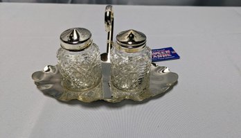 Queen Anne Silver Plate Stand With Glass & Silver Plate Topped Salt & Pepper Shaker Set