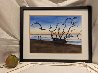 #21. Framed And Matted Landscape Watercolor By Marcia Mohl Title Beach Stroll At Dawn