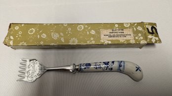 Vintage Blue Onion Porcelain Handle Sardine Serving Fork