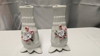 Pair Of  Vintage Porcelain Bud Vases With Ribbon & Rose Accents