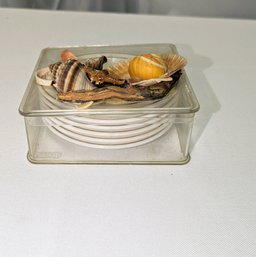 Vintage Set Of 6 Plastic Gold Rim Coasters In Plastic Shell Embellished Storage Holder