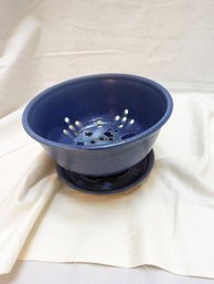 Signed Blue Glazed Stoneware Berry Colander