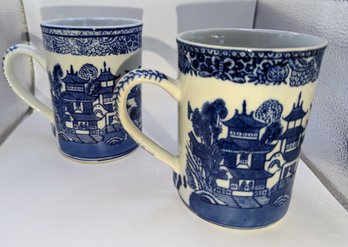 Pair Of Large Vintage Blue & White Blue Willow Mugs