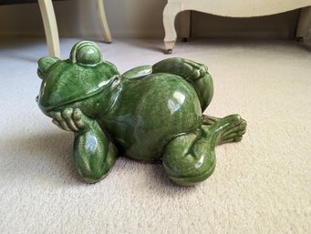 Large Green Glazed Stoneware Frog With A Crackled Finish