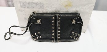 Black Leather And Chrome Stud Accented Wristlet