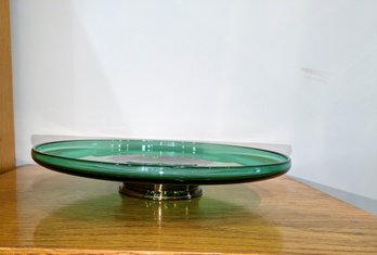 MCM Emerald Green Glass & Brass Pedestal Cake Plate