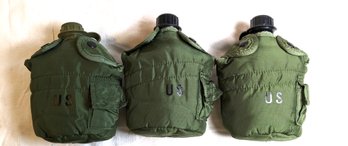 Lot Of 3 Canvas Military Canteens With Pouches