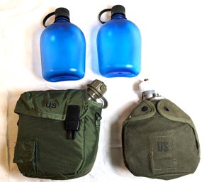 Lot Of 4 Canvas Military Canteens With 2 Pouches