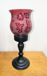 Red Frosted Glass Design Candle Holder Hurricane On Wood Pedestal