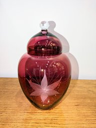 Vintage Fenton Singed By Artist Cranberry Hand-Blown Etched Lidded Jar