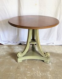 Vintage Two-Toned Round Wood Side Table With Green Color Distressed Carved Wood Base