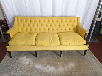 Vintage MCM Yellow Tuft Back, Nailhead Trim & Wood Accented Sofa