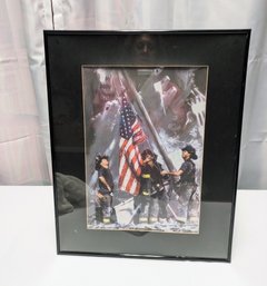 Framed & Matted  9/11  'Remembering The Hero's' Fireman Raising Flag, Lithograph