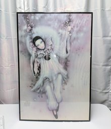 1985 Large French Pierrot Clown On A Swing Framed Art Poster