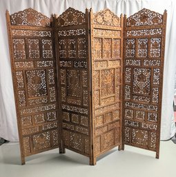 Hand Carved Four Panel Solid Wood Vintage Teak Room Divider Screen