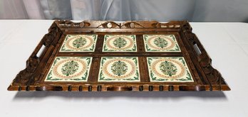 Vintage Wood & Tile Ornate Carved Serving Tray