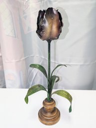 Vintage Italian Hand Made Black Metal Tulip Candle Holder On A Wood Base