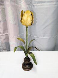 Vintage Italian Hand Made Yellow Metal Tulip Candle Holder On A Wood Base