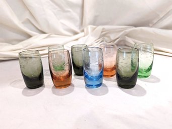 Collection Of 8 Colorful Etched Shot Glasses