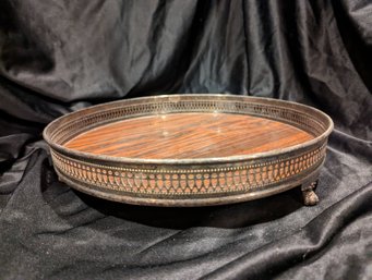 Vintage Round Silver Plated Tray By Sheffield With A Formica Wood Grain Surface