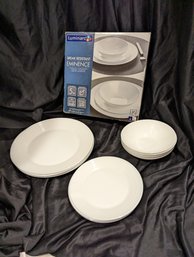 New In Box #1 Of 2 Luminare Milk Glass Plates And Bowls Service For 4 With 12 Pieces Total