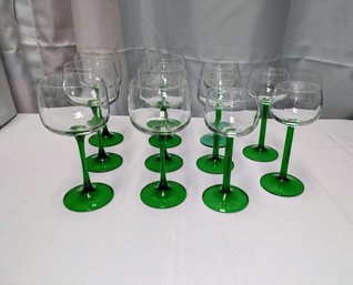 Set Of 11 Green Stem Wine Glasses