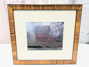 Framed Photograph Of Red Barn In The Morning Mist