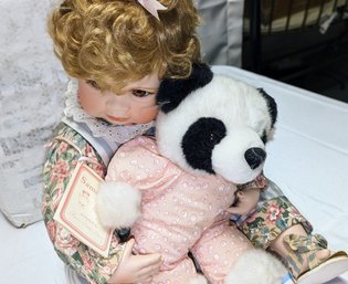 1992 Walter Drake Porcelain Samantha Doll With Bear -  Stamped, Artist Signed With COA