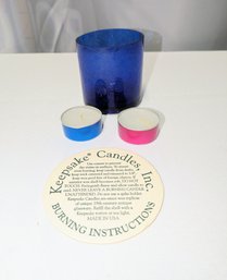 Vintage Blue Crackle Glass Votive Holder With 2 Votives
