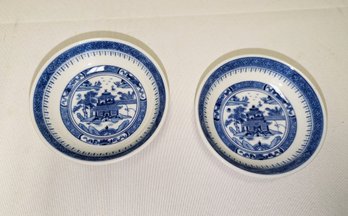 2 Vintage Blue & White Canton Pagoda Porcelain Petite Bowls