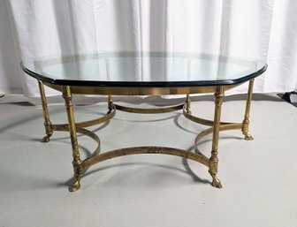 Vintage MCM Brass And Beveled Edge Hexagon Glass Cocktail Table