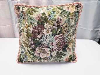 Floral Pink/Mauve Braided Trim Needlepoint Tapestry Throw Pillow